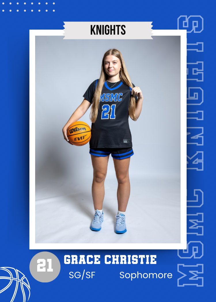 wbb_knights's tweet photo. You know them on the court. Now get to know the person behind the jersey! 🏀⚔️

Next Knight up… Grace Christie💙

Favorites, fun facts⬇️

I love skiing

I wear this jersey because my mom wore it in college

My hidden talent is baking

#GoKnights #MSMCWBB https://t.co/Fd1orKQ4bY