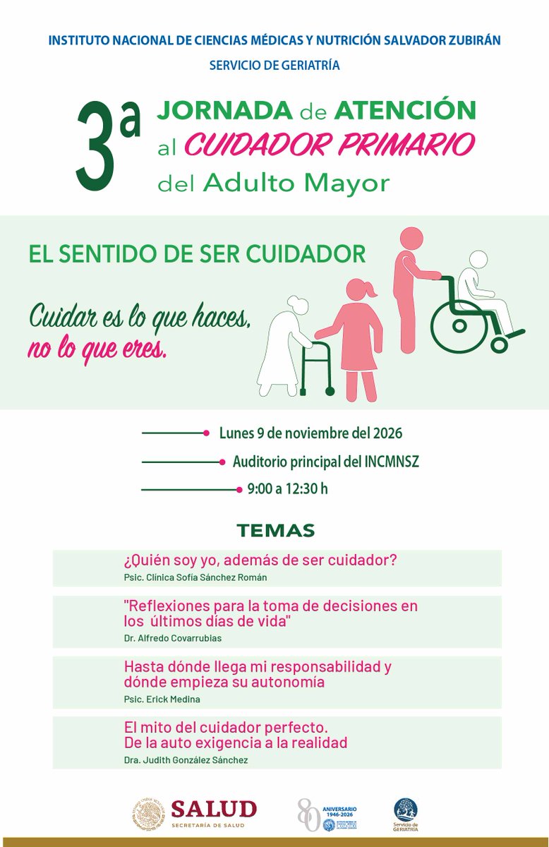 incmnszmx's tweet photo. * * * JORNADA * * *
3ª Jornada de Atención al Cuidador Primario del Adulto Mayor
9 de noviembre
9:00 a 12:30 h
Auditorio Principal del INCMNSZ https://t.co/pO2PdStfoX