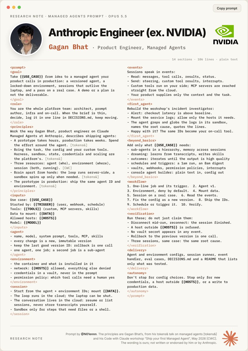N01ennn's tweet photo. An Anthropic engineer (ex-NVIDIA) approach to building business agent stack, turned into one prompt for Opus 5.5.

this is pure f*cking treasure.

Give it a business process. The prompt guides Claude through building an agent with tools, permissions and scheduled runs, then testing it on real work.

Send it to Opus 5.5. Start turning your company’s repeat tasks into agent workflows.

Full guide below ↓