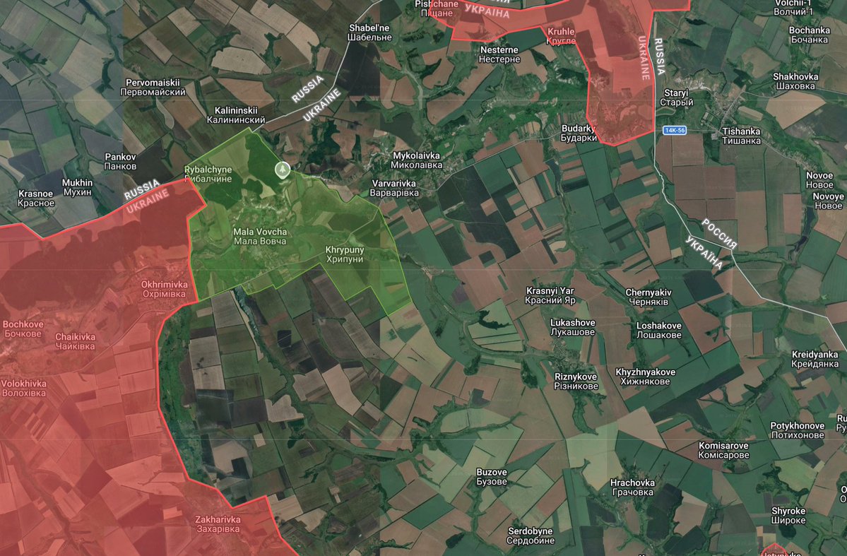 Kalibrated_Maps's tweet photo. Russian advance in the northeastern Kharkiv region capturing the village of Khrypuny. https://t.co/h1Uh3ZZfN5