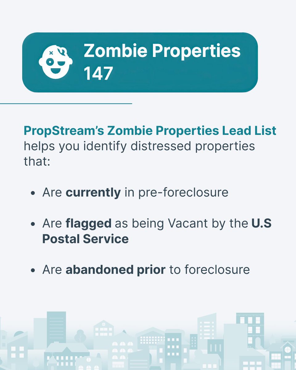 PropStream's tweet photo. Real estate Lead List filter of the day (PropStream edition)

🧟ZOMBIE PROPERTIES 🧟

What exactly is our “Zombie Properties” Lead List? Check out the blog "Lead List Spotlight: Zombie Properties" to learn more 👇

🔗 https://t.co/TWbg9sQiTF https://t.co/YcnJDKfikK