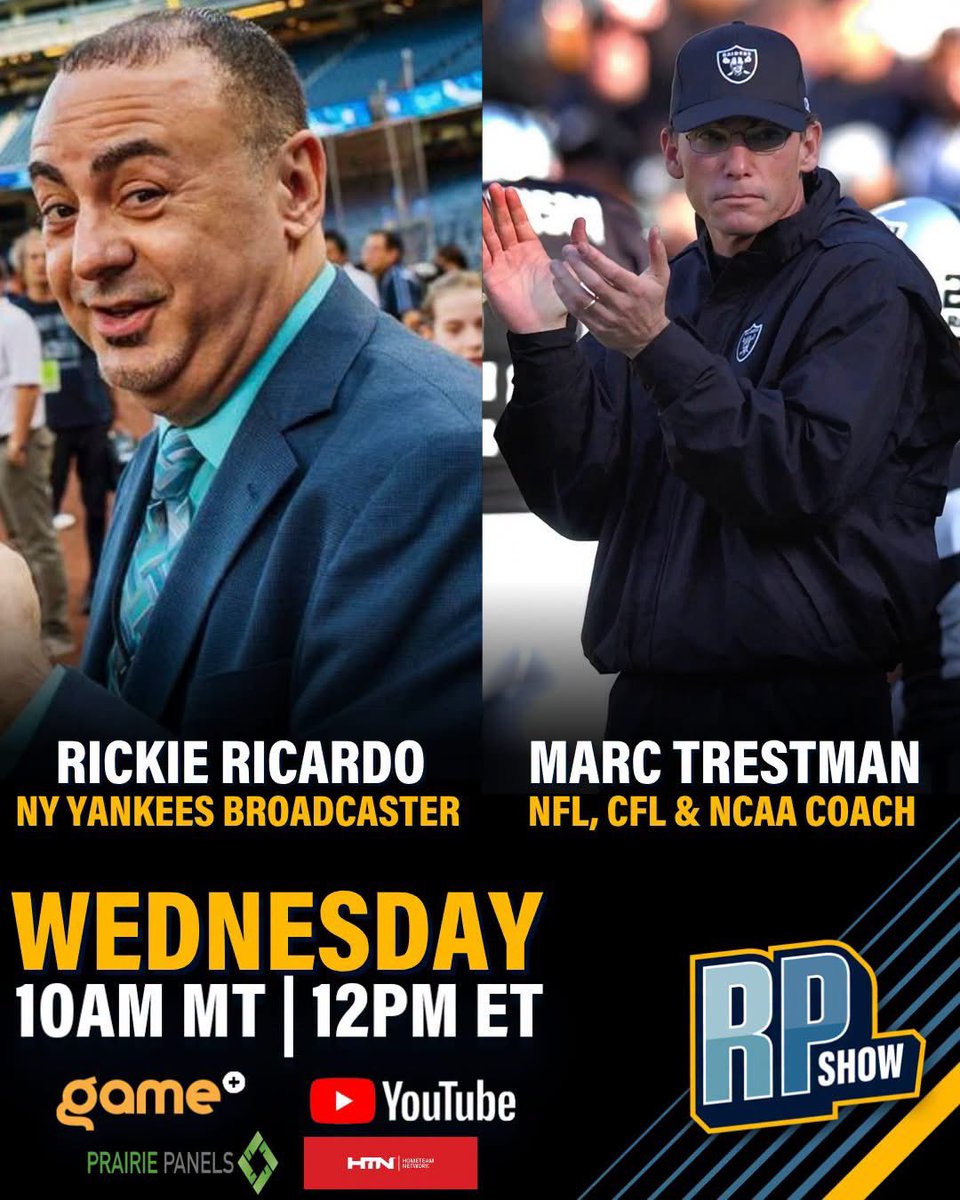 RodPedersenShow's tweet photo. โพ๐ BIG Wednesday on the RP Show!
๐๏ธ @RR_RicardoFAN - Yankees Broadcaster
๐ @CoachTrestman - NFL, CFL & NCAA Coach
๐ Golden Knights talk
๐ CFL Game of the Week + Picks
โฐ 10 AM MT | 12 PM ET
๐บ WATCH LIVE:
https://t.co/Qak0Uo21IL
@GamePlusNetwork @watchhometeam
#RPShow #CFL https://t.co/SWyoMkiEtR