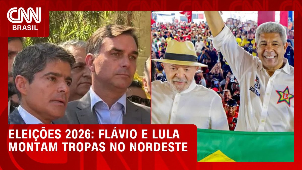 A split-screen CNN Brasil news graphic displays two men in suits on the left and President Lula alongside another politician raising his arm in front of a crowd on the right, with the text "ELEIÇÕES 2026: FLÁVIO E LULA MONTAM TROPAS NO NORDESTE" indicating coverage of Flávio and Lula preparing their forces for a runoff election in Brazil's Northeast region.