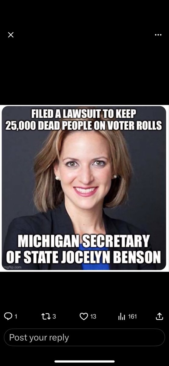 r05236831's tweet photo. @JohnJamesMI Jocelyn Benson is Inept, Corrupt &amp; Morally Bankrupt. 
She has destroyed Michigan with MORE taxes, debt, spending, inflation, high gas, energy, insurance &amp; mortgage costs, crime, invading illegals, failing schools, election fraud, closed businesses, crumbling roads &amp; LESS jobs https://t.co/lyPkmHE6tu