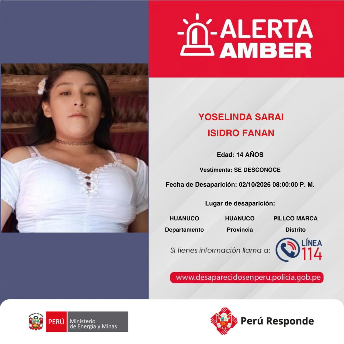 MinemPeru's tweet photo. #AlertaAmber 
🚨 Se encuentran desaparecidos:
🚨YOSELINDA SARAI ISIDRO FANAN, de 14 años.
🚨MARÍA NICOLAZA FERNANDEZ BARBOZA, de 89 años.
🚨NINFA PACHECO DE CARDENAS, de 77 años.
🚨FLOR CRISTINA DOUGLAS MIMBELA, de 21 años.
☝🏻Si los has visto, comunícate con la línea 
📲 114 de la Policía Nacional del Perú.
