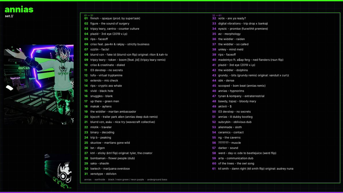 djannias's tweet photo. @Twitch annias live @ shaman school twitch raid train 10-6-2026 set tracklist
#dubstep #dj #mix #setlist #tracklist #trainspotter #trainspotting #music #deepdub #deep #dank #bass #underground #ufo #alien #trippy https://t.co/yGB7urkjTx