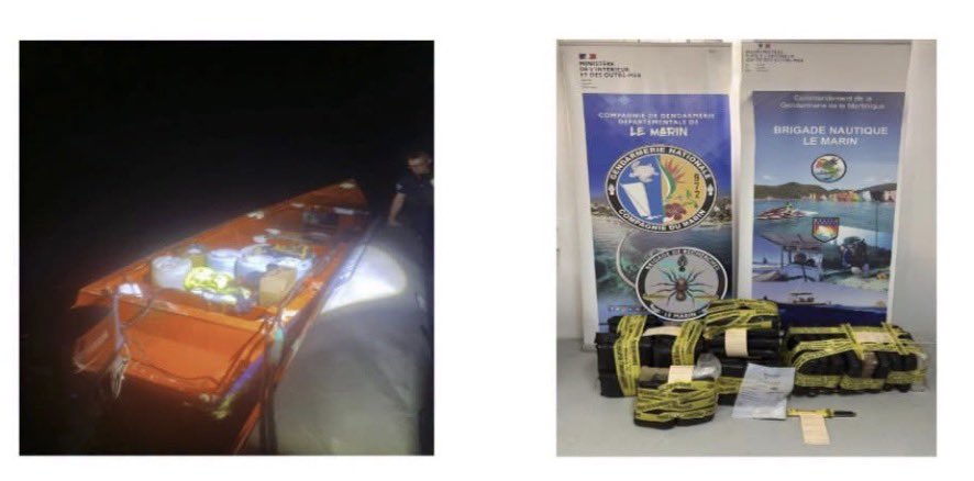 Gendarmerie's tweet photo. #ContreLeNarcotrafic ❌ En #Martinique, en pleine nuit, nos camarades ont intercepté une yole qui prenait la fuite ⛵️
➡️ 69 kg de cannabis saisis
➡️ 1 yole saisie
➡️ 500 L de carburant saisis
➡️ 2 individus interpellés https://t.co/JpX2yRB0EG