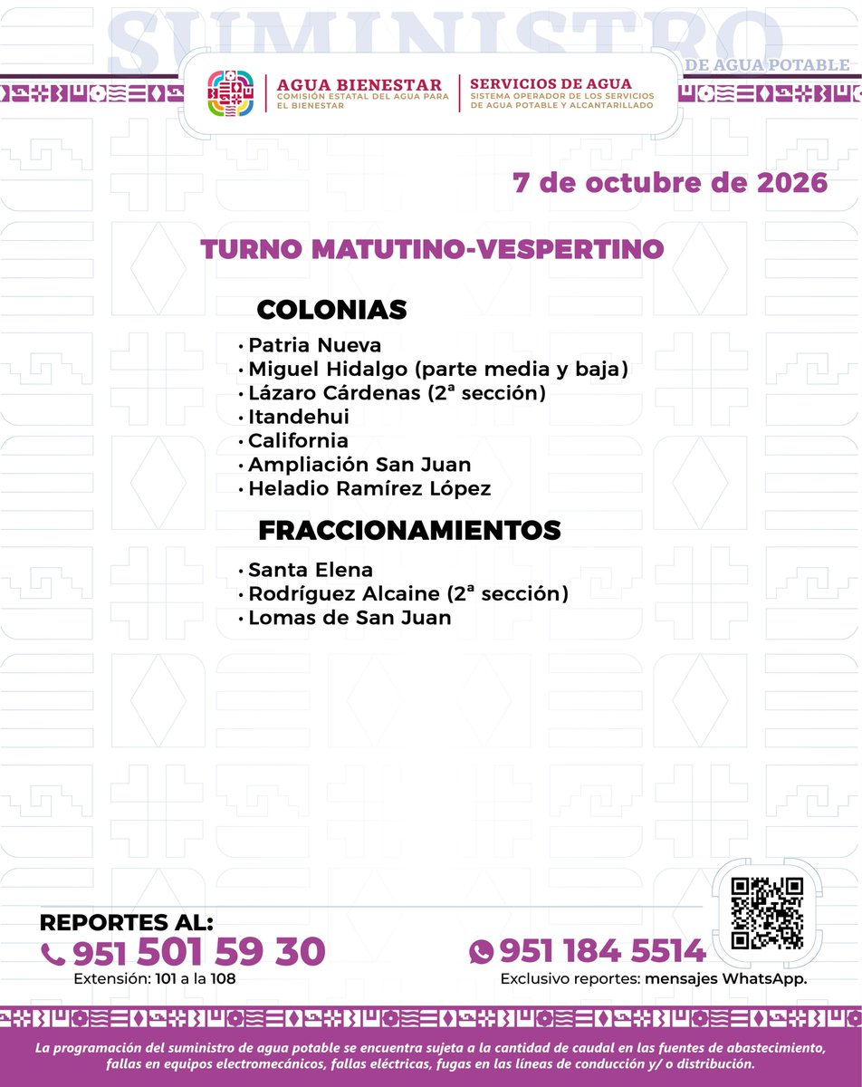 CuartaPlana's tweet photo. #Entérate | Consulte aquí la distribución de agua potable para los turnos matutino y vespertino  para este #Miércoles 7 de #Octubre2026 en la Ciudad de #OaxacaDeJuárez y zona conurbada, según lo informa la @SOAPA_Oax del @GobOax.

#Noticias #Oaxaca #BuenosDías https://t.co/XXZUeUvELx