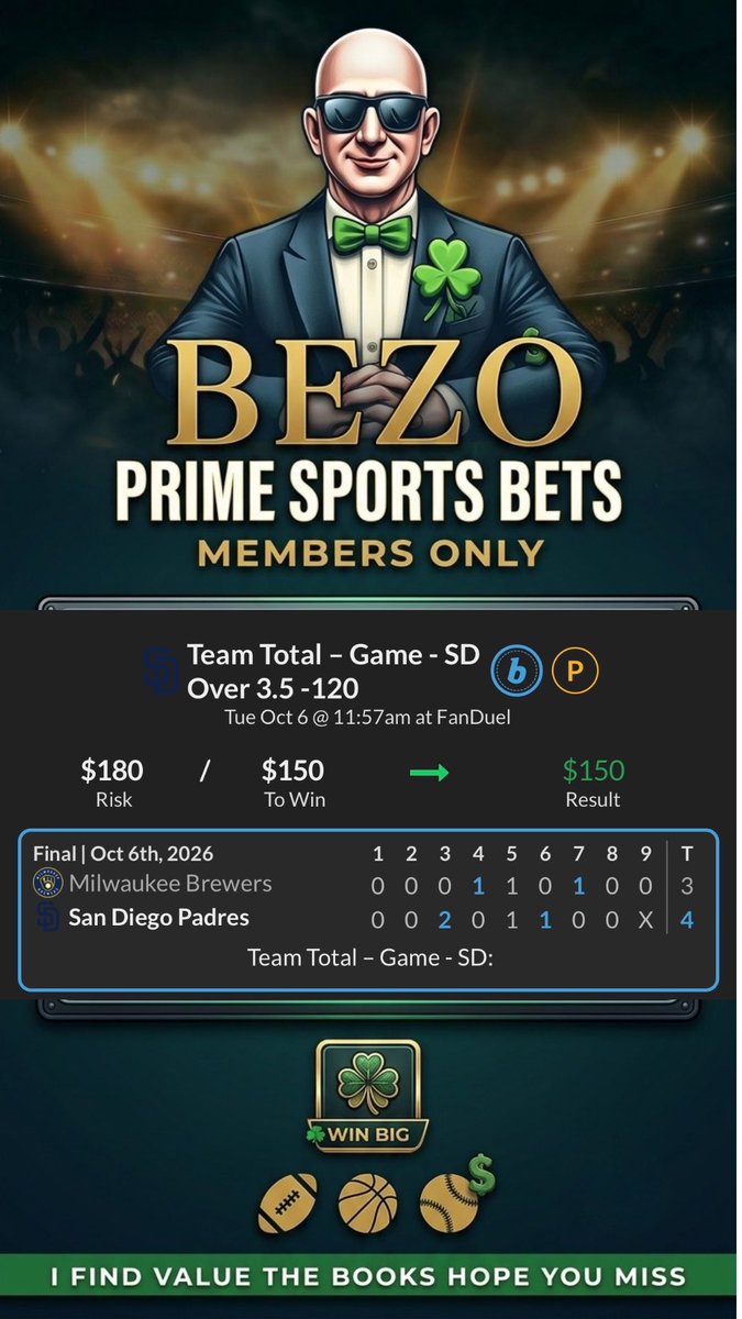 BezosBets's tweet photo. Cash it! ✅

🏆⚾️ Padres TT O3.5💰

LIKE IF YOU BANGED 🍀 https://t.co/29KSZQR4Bt