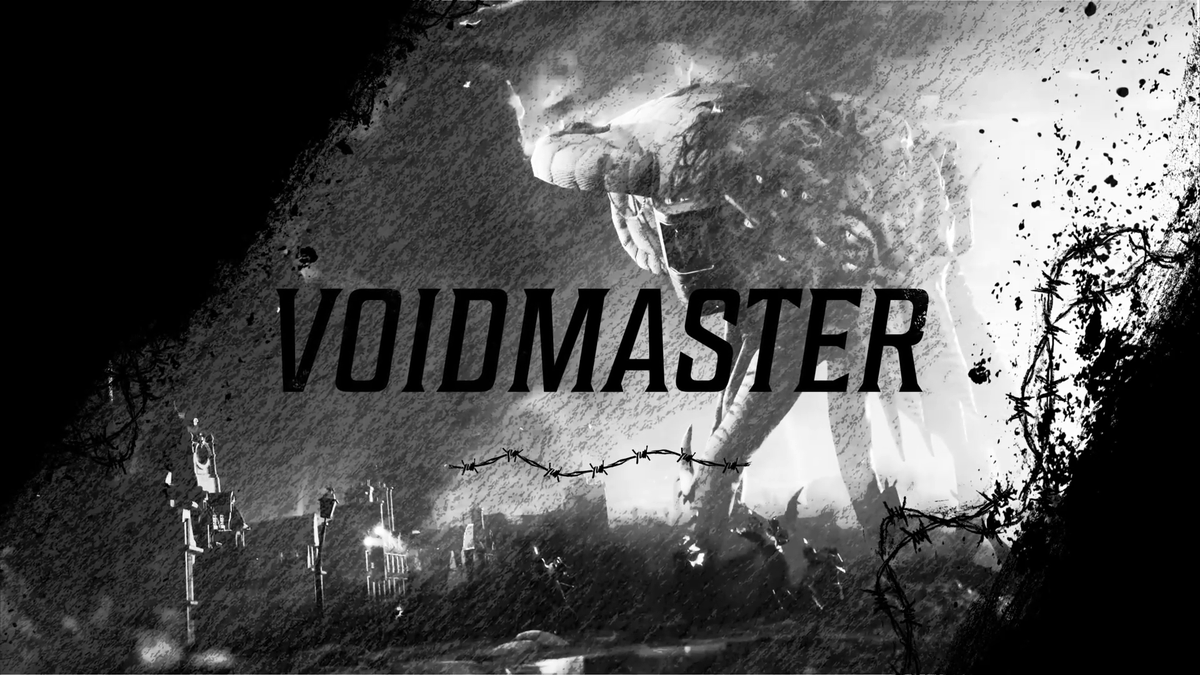 A dramatic black and white graphic features a soldier in combat gear reaching out, overlaid with the bold text 'VOIDMASTER' against a dark, splatter-textured background with barbed wire.