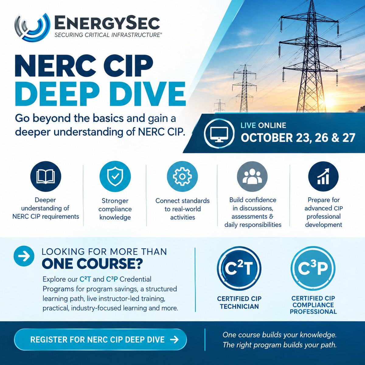 EnergySec's tweet photo. 🔍 Go beyond the basics with NERC CIP Deep Dive!

💻 LIVE ONLINE
📅 Oct. 23, 26 & 27
Deepen your CIP knowledge, strengthen compliance skills & connect requirements to real-world activities.

🎓 Need more than one course? Explore our C²T & C³P credential programs for savings + a structured learning path toward your credential.

#NERCCIP #C2T #C3P #EnergySec #ProfessionalDevelopment