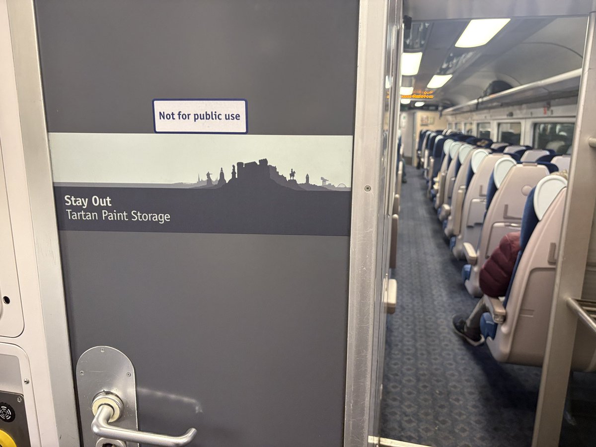 RBamber's tweet photo. Coach B on @Scotrail’s #InterCity7 (HST) trains has an old toilet that’s used as storage compartment and is clearly off-limits to the public. Here are some of the amusing reasons the railway gives for why you shouldn’t attempt to enter… https://t.co/rvHHMJPrwC