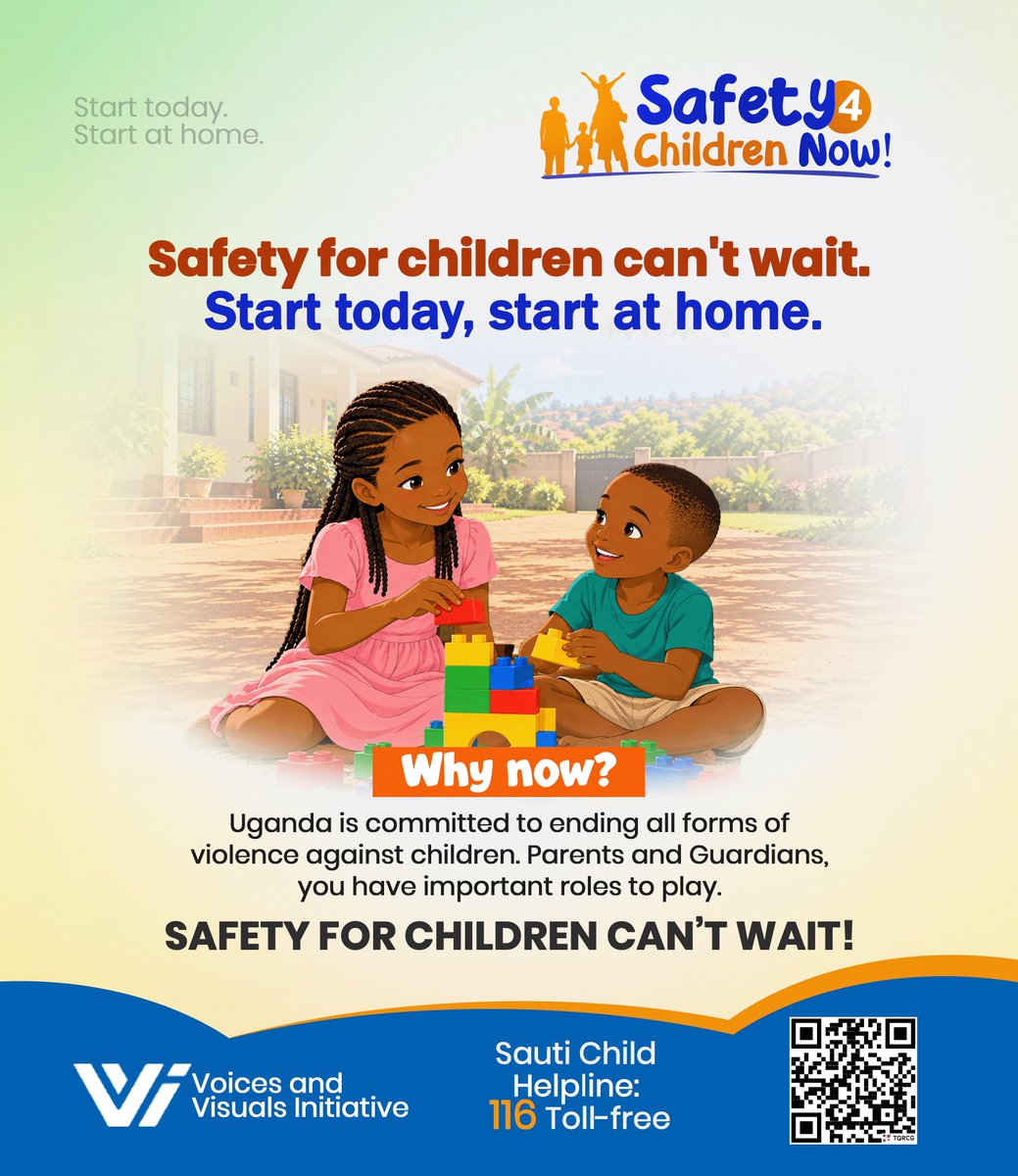 VVIUganda's tweet photo. SAFETY FOR CHILDREN NOW
Today, Voices and Visuals Initiative (VVI) launches an online campaign to end violence against children under the slogan “Safety For Children Now.”

Our message is clear: safety must follow the child, wherever they are - at home, at school, in the community, online, at play and on the move.

Every child deserves to grow up free from physical violence, sexual abuse, emotional harm, exploitation and neglect. Protecting children requires daily action: listening without blame, teaching without violence, providing attentive care and responding promptly when a child needs help.

Through animated videos and practical messages, VVI will encourage parents, caregivers, teachers, community leaders and children themselves to help create safer environments. The campaign begins with Safety at Home, highlighting how everyday words, choices and actions can build children’s trust and protection.

We invite communities, schools, organisations and partners across Uganda to share the messages and take action. Listen to a child. Choose nonviolent discipline. Challenge harmful practices. Seek safe support when concerns arise.
Safety cannot wait. It must follow every child, everywhere.

#SafetyForChildrenNow #VoicesAndVisualsInitiative #VVI #EndViolenceAgainstChildren #ChildProtection #ChildSafety #SafeAtHome #PositiveParenting #PositiveDiscipline #SafeSchools #OnlineSafety #ProtectEveryChild #Uganda #ChildrenInUganda #Sauti116 #SDG16_2