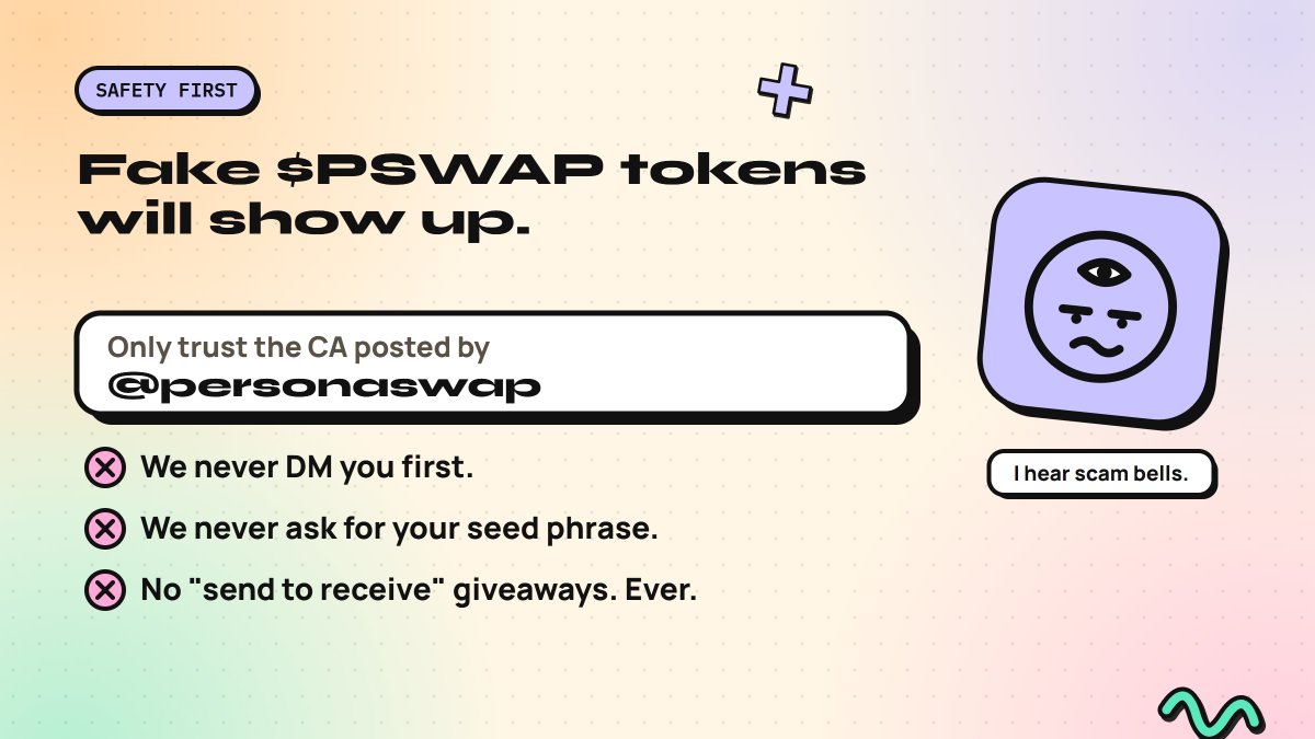 personaswap's tweet photo. Fake $PSWAP tokens will show up. They always do.

The only real CA is the one posted by @personaswap:
0xd030a15efea8cd725820de7a5342c6a659b4d812

We will never DM you first, ask for your seed phrase, or run a giveaway that needs you to send anything. https://t.co/RYJMrJaifR