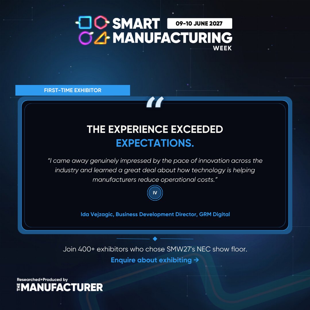 SmartMWeek's tweet photo. Every exhibitor has a first time.

For GRM Digital's Ida Vejzagic, it was SMW26, and it exceeded expectations. Two days, the whole manufacturing and engineering market in one place. Your first stand at SMW27, 9–10 June 2027?

Enquire → https://t.co/fLRXoW5n6b https://t.co/a1gdTmMSVt