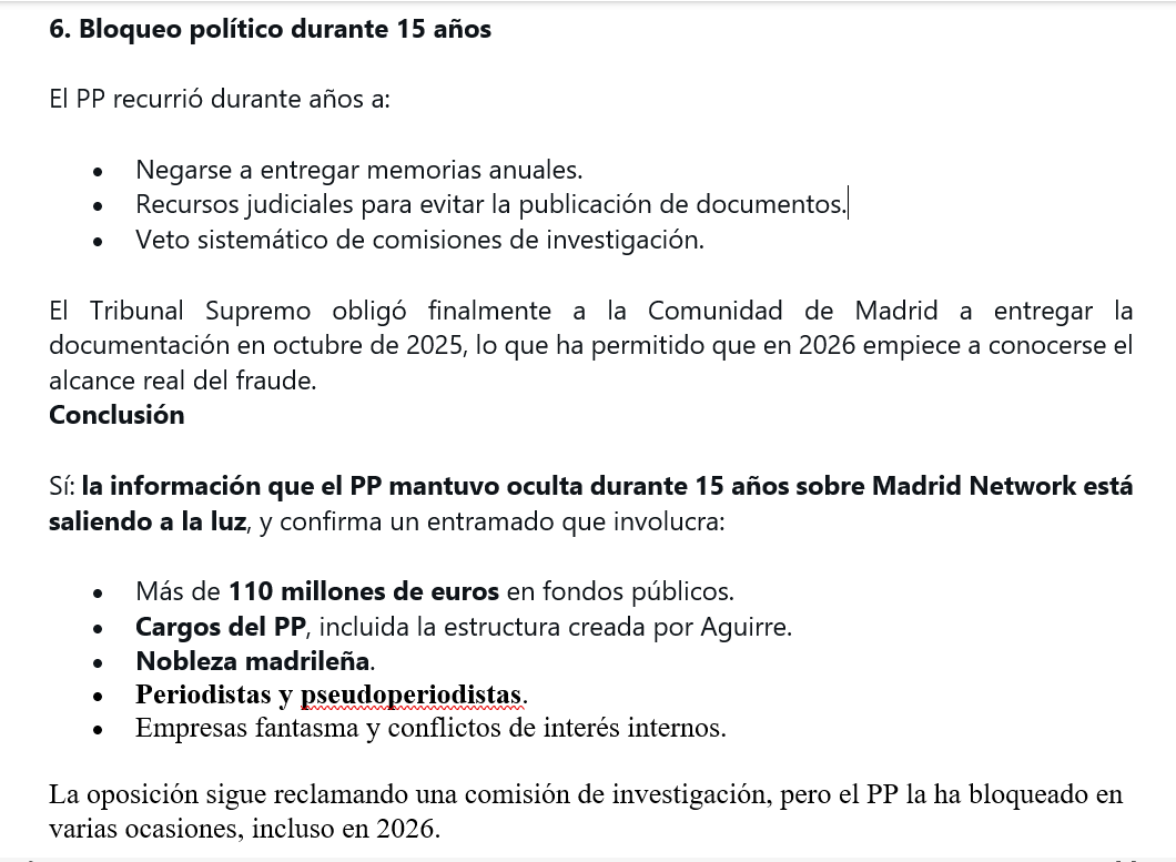 ferna1_diez's tweet photo. Qué ha salido a la luz sobre Madrid Network (2026)

Volumen del fraude: más de 110 millones de euros

Implicación de cargos del PP

Nobleza y figuras de alto perfil

Periodistas y pseudoperiodistas

Empresas fantasma y conflictos de interés

Bloqueo político durante 15 años https://t.co/N7QEjaL8rH
