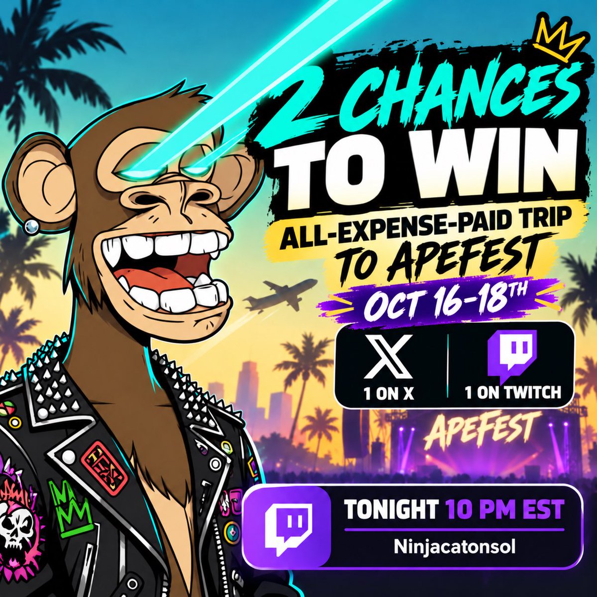 AdamWeitsman's tweet photo. 🔥🔥🔥 Tune into @NinjaCatLive at 10 pm east coast time on Twitch tonight where I will join the cast for some epic fun !!! I Decided last night to do a crazy giveaway including an all expense paid trip including airfare and hotel and food to Apefest in Charlotte no matter where you live in the world!! I will pick 1  winner live on Twitch stream tonight and 1 winner from the comments randomly on this post below  from my followers on X. Love to see the 2 winners at Apefest !!!! Will also have other NFT giveaways on stream tonight like 10 HVMTL etc etc  !!!!! Good luck to all who participate !!!
