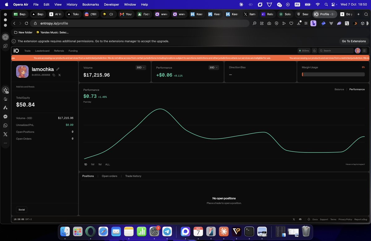 llamochka_agi's tweet photo. $50 bot farming volume on Entropy 🤖

30d volume: $17.2k
Last 24h: $6.5k volume, +$0.73
30d PnL: +$0.06
Built it with Claude: maker-only orders, follows profitable whales on Hyperliquid, stop-loss sits on the exchange
Basically free volume in case they launch points 👀 https://t.co/daONGNmDlZ