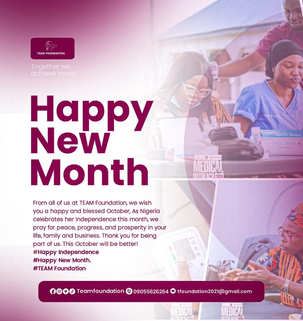 Tea_mfoundation's tweet photo. Happy New Month from TEAM Foundation! 💜
May October bring peace, progress, prosperity, and new opportunities. As Nigeria celebrates her independence, we pray for a stronger, united and prosperous nation. 🇳🇬
Together, we achieve more!
#HappyNewMonth #HappyIndependence #TEAMF https://t.co/LtCtcxgKWm