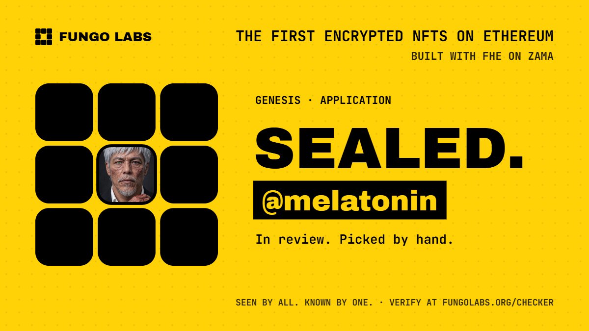 melatonin's tweet photo. encrypted NFTs is how reveals should've worked from day one honestly. no scraped ranks, no spoiled surprise, your art your call. just applied to @fungolabs, lets see if i get picked. https://t.co/mIXHqIIvrU