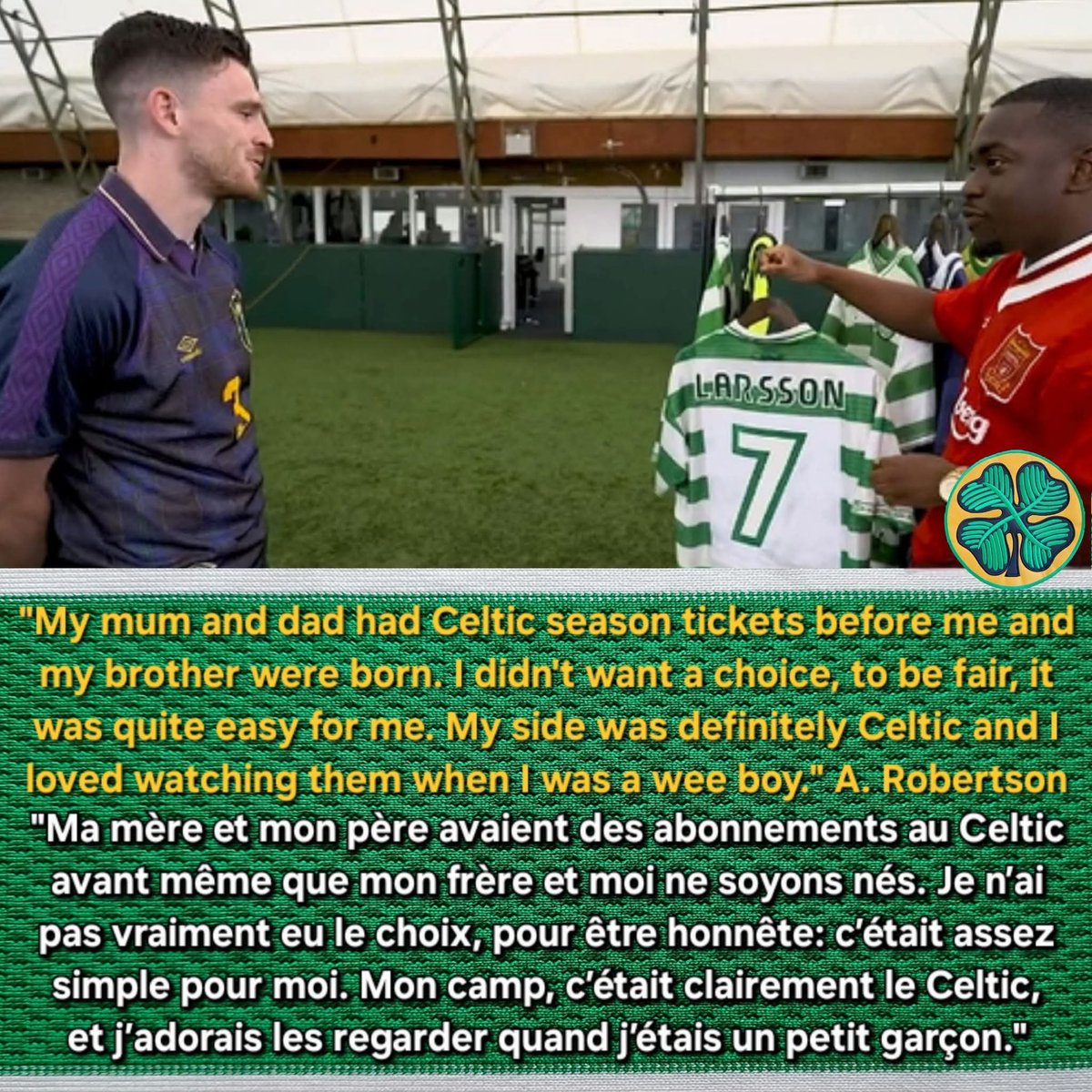 MarkAdairkw's tweet photo. "My mum and dad had Celtic season tickets before me and my brother were born. I didn't want a choice, to be fair, it was quite easy for me. My side was definitely Celtic and I loved watching them when I was a wee boy." Andy Robertson
#Celtic #CelticFC #COYBIG 🍀🇮🇪☘️ https://t.co/QYCZS4SkKm