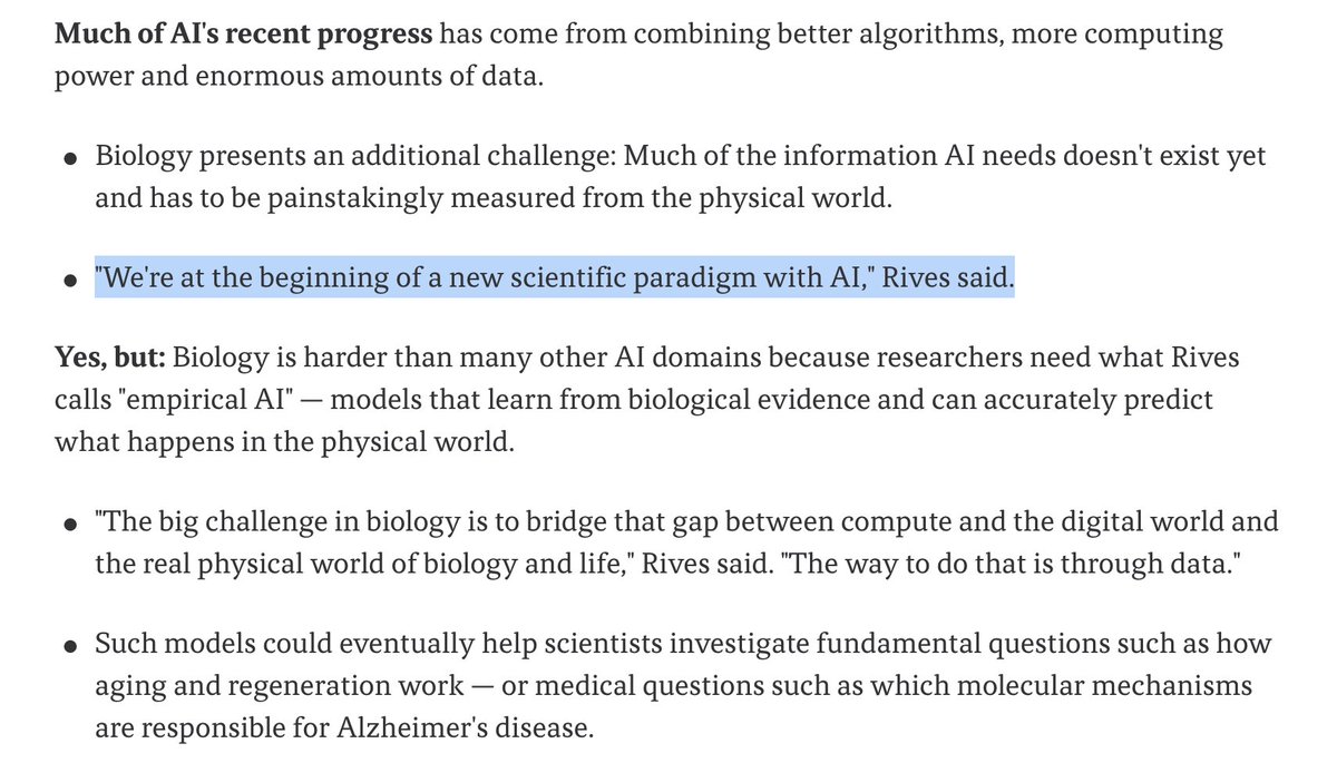 kimmonismus's tweet photo. Speaking about scientific revolution: Zuckerberg’s Biohub is teaming up with Google DeepMind, Meta and the U.S. government on a $1.8B effort to build AI models of living cells.

"We're at the beginning of a new scientific paradigm with AI," Biohub head of science Alex Rives told Axios.

The goal is a “universal virtual cell” that lets scientists test experiments digitally, then choose the most promising ones to run in the lab.

DeepMind, Isomorphic Labs and Meta are collectively investing $300M. The $1.8B total combines funding, data, computing and measurement technology, including resources developed through prior NIH investment.