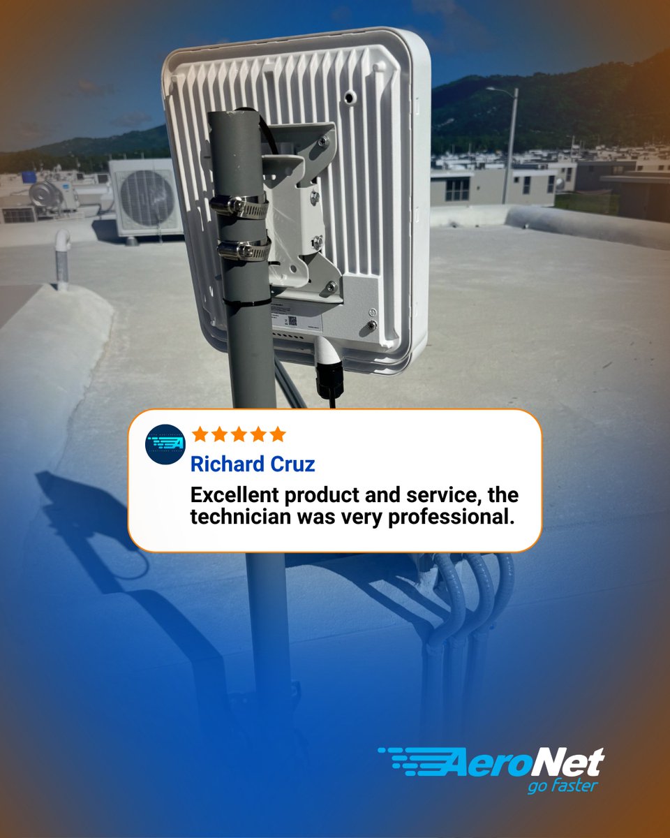 AeroNetPR's tweet photo. Cuando el cliente lo dice ⭐⭐⭐⭐⭐, se siente mejor. 
Gracias por confiar en AeroNet. Detrás de cada instalación hay un equipo técnico que trabaja con cuidado para que te conectes sin complicaciones. #GoFaster 🚀 https://t.co/432D8c24UP