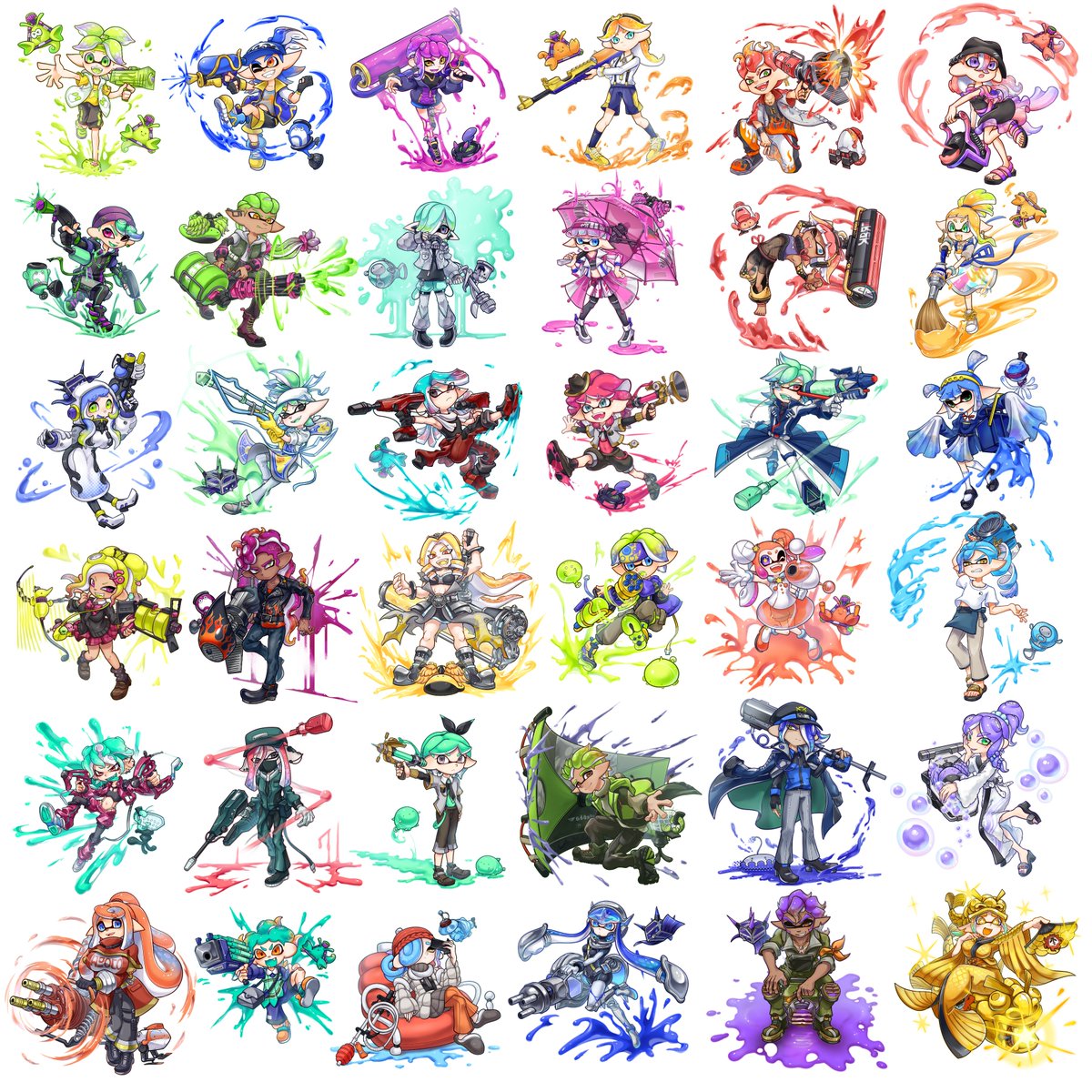 treach_edodes's tweet photo. 「イカ世界にある架空のブキ擬人化ゲームのキャラ」という設定で描いたブキ擬イカタコ化をまとめました。使い手に愛されたブキたちに心が宿り、使い手であるイカやタコたちの姿を真似て現れた姿なんだとか。
 #インクリ　でキャラシを投稿しているので、よかったら覗いてみてね。 https://t.co/SAGZhcsUHp
