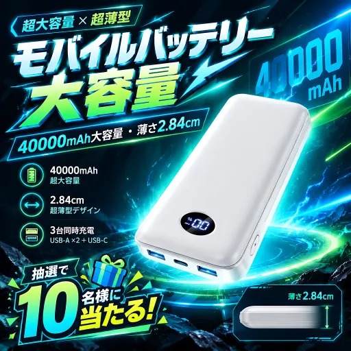 tuoyoo2018's tweet photo. ＼40000mAhなのに薄さ2.84cm／
大容量×薄型のモバイルバッテリーモニターキャンペーン🎁🔋🪫🔌📲💻

抽選で10名様にプレゼント！＃レビュー不要

◎旅行・外出・防災にも
◎カバンに入れても邪魔になりにくい薄型設計。

応募方法👇
①@tuoyoo2018
② この投稿をリポスト
#プレゼント企画 #モバイルバッテリー