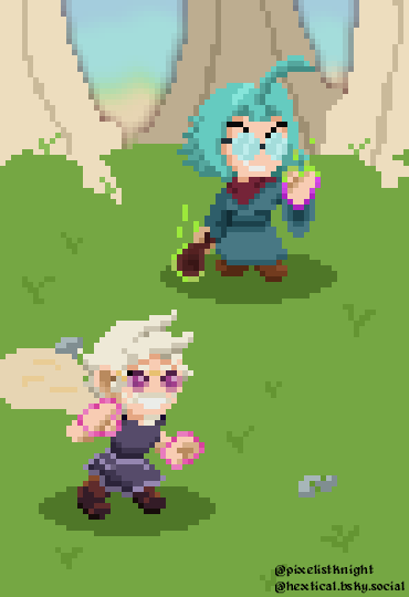 PixelistKnight's tweet photo. Woo! This had been a good one! And I'm pleased on how it turnt out~ Art-trade with @Gill_the_gnome, and his Gnomes of Gill and Snaps~

#pixelart #chibiart #art_trade https://t.co/m6EBtOB2Sg