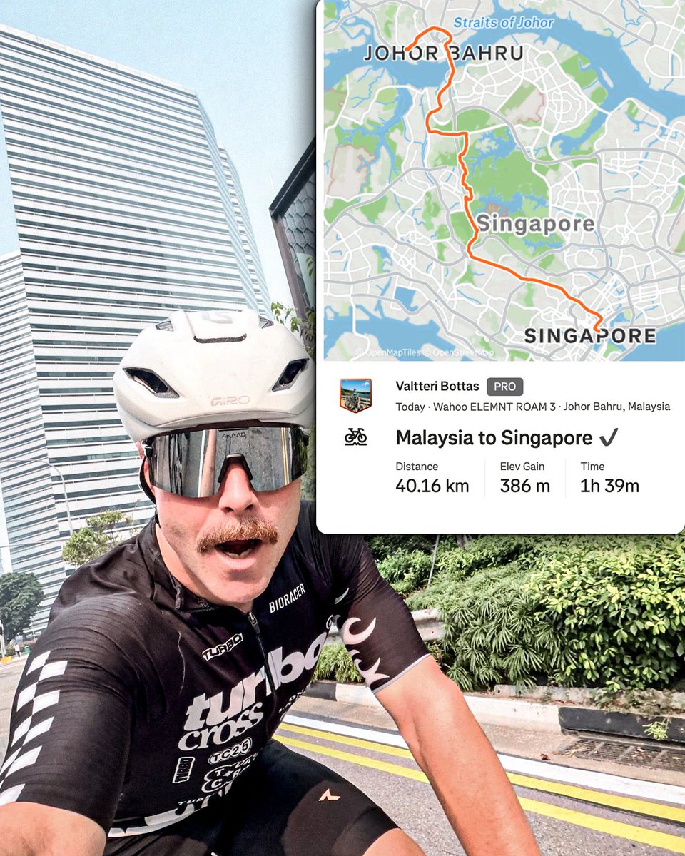 ESPNF1's tweet photo. Valtteri Bottas has completed a 350km cycle from Malaysia to Singapore for this weekend's Grand Prix 🤯🚴 https://t.co/J75mymn3oI