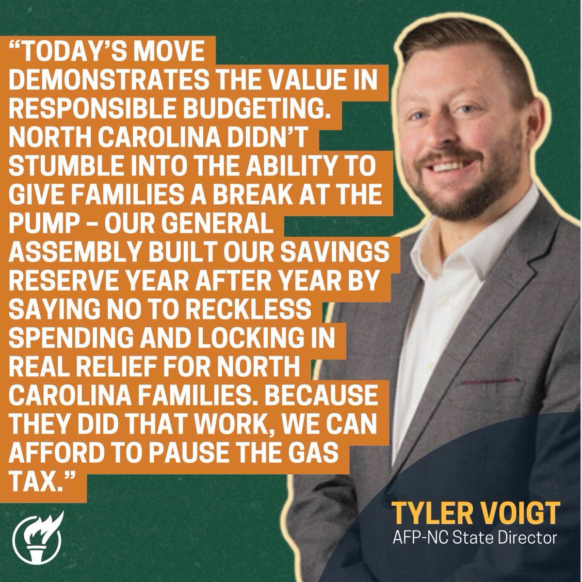 AFPNC's tweet photo. AFP-NC Backs Gas Tax Pause, Says Years of Fiscal Discipline Made It Possible. 

Today, we applaud the North Carolina General Assembly for approving a suspension of the state gas tax, made possible by years of responsible budgeting that built a robust Rainy Day Fund. 

AFP-NC State Director @TylerJVoigt released the following statement:
“Today’s move demonstrates the value in responsible budgeting. North Carolina didn’t stumble into the ability to give families a break at the pump – our General Assembly built our Savings Reserve year after year by saying no to reckless spending and locking in real relief for North Carolina families. Because they did that work, we can afford to pause the gas tax.

“The gas tax suspension should also serve a starting point for more permanent reforms, such as eliminating the state income tax, levy limits on property taxes, and permanently lowering the gas tax. AFP-NC will continue to look for opportunities to improve government spending, so we can keep lowering the tax burden on North Carolinians.”
