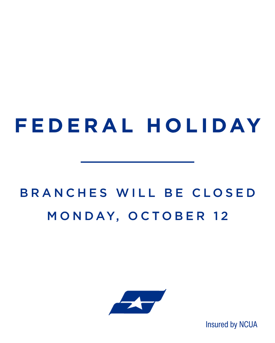SSFCU's tweet photo. Friendly reminder to plan ahead: all Security Service branches and call centers will be closed on Monday, October 12 for the federal holiday. 

We will resume normal operating hours on Tuesday, October 13. https://t.co/wbhIACiBFA