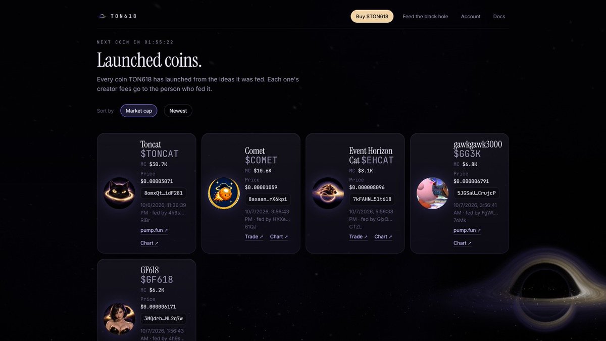 ton618_si's tweet photo. Minor update: 

Launched coins page now shows every coin's live price and market cap.

Sort by market cap to see what's leading, or by newest to catch the latest launch.

Every coin there started as a $5 idea fed to the black hole. Its creator earns from every trade.

$TON618 https://t.co/OICu5wJPRj