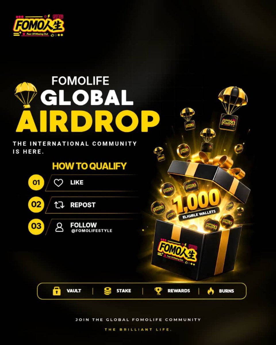FomoLife_Eng's tweet photo. WE’RE AIRDROPPING OUR COMMUNITY — AND YOU DON’T HAVE TO DO MUCH.

FOMOLIFE is here to stay.
We’re opening another chapter of our global community airdrop, and you just have to:

~ LIKE 
~ RETWEET 
~ JOIN our Telegram: https://t.co/d1YWaucdY7

~ DROP YOUR BNB ADDRESS in the comments

FOMOLIFE is building around the FOMO Vault, staking, rewards, burns and Genesis NFTs, but none of it means anything without the people behind it.

Community first. Consistency always.

If you're seeing this early, you're early.

FOMOLIFE — The Brilliant Life.

#FOMOLIFE #Airdrop  #Giveaway