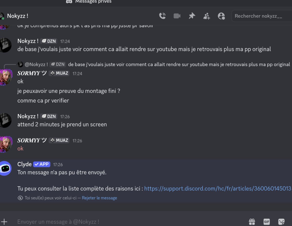 sormyy_'s tweet photo. ⚠️ Après 3 semaines de travail, Nokyzz m’a bloqué sans livrer le montage promis contre sa bannière et sa PP. 
Discord : Nokyzz _ _ 
YouTube : @Nokyzz1 

Je signale les faits ; partagez pour éviter que d’autres se fassent avoir 🙏 https://t.co/tuAtsEghyK