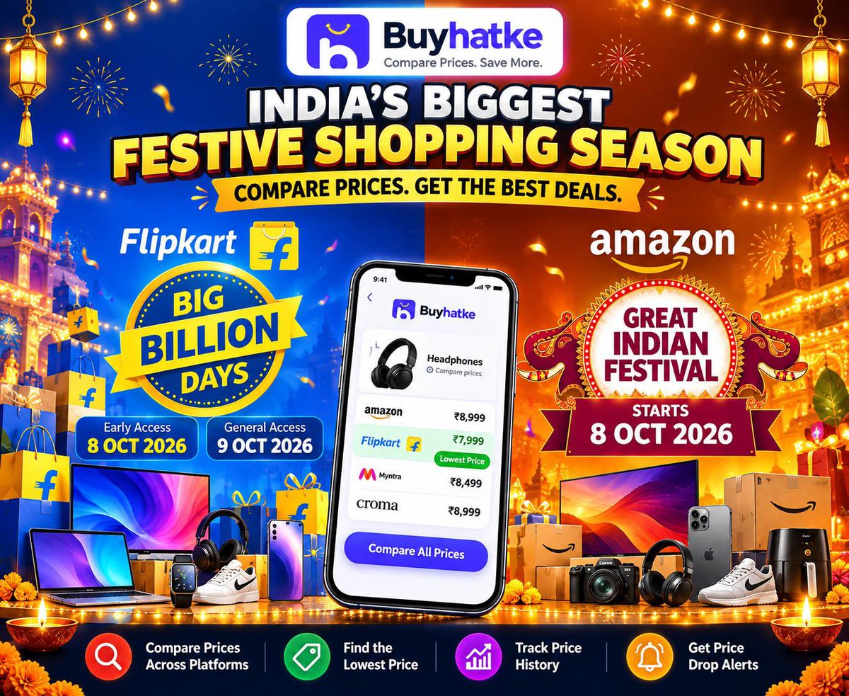 BuyHatke's tweet photo. 🚨 Before you buy anything this festive season, check BuyHatke first.

Don’t just trust that “50-75% OFF” tag 👀

BuyHatke helps you:
• Compare prices across platforms
• Spot price pumps before sales
• Check actual price history
• See the Deal Score to know if it’s really a good deal
• Track prices & get price-drop alerts

Because the biggest discount isn’t always the best deal. Check the history before you hit Buy. 

#BBDwithBuyHatke