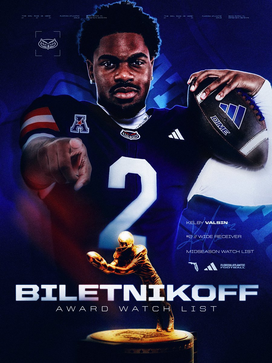 FAUFootball's tweet photo. 2 Owls on the Biletnikoff Award Watch List‼️

Through 5 games Nationally 📰 https://t.co/uiX8QXsLVE

@kelby2valsin ➡️
40 rec, 512 yds, 5 TDs. No. 4, No. 10, No. 11

@EastonMesser ➡️
32 rec, 445 yds No. 19, No. 20

#WIP🏝️ https://t.co/VHijpLkvSA