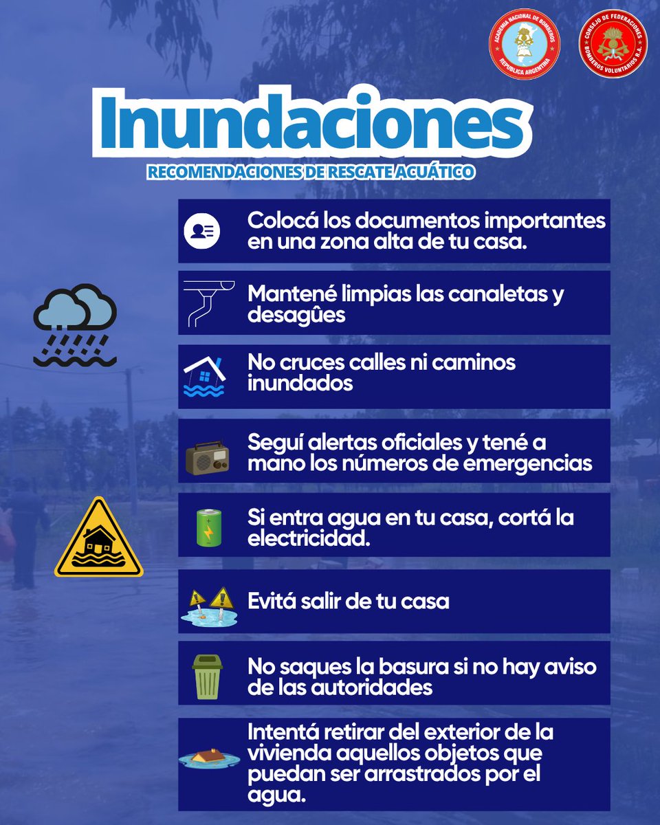 bomberosRA's tweet photo. Ante las intensas #lluvias en varias partes del país, te acercamos algunas recomendaciones del Departamento de Rescate Acuático de la Academia Nacional de Bomberos para tener en cuenta 🌧️🚒 https://t.co/daD4x9hLSR