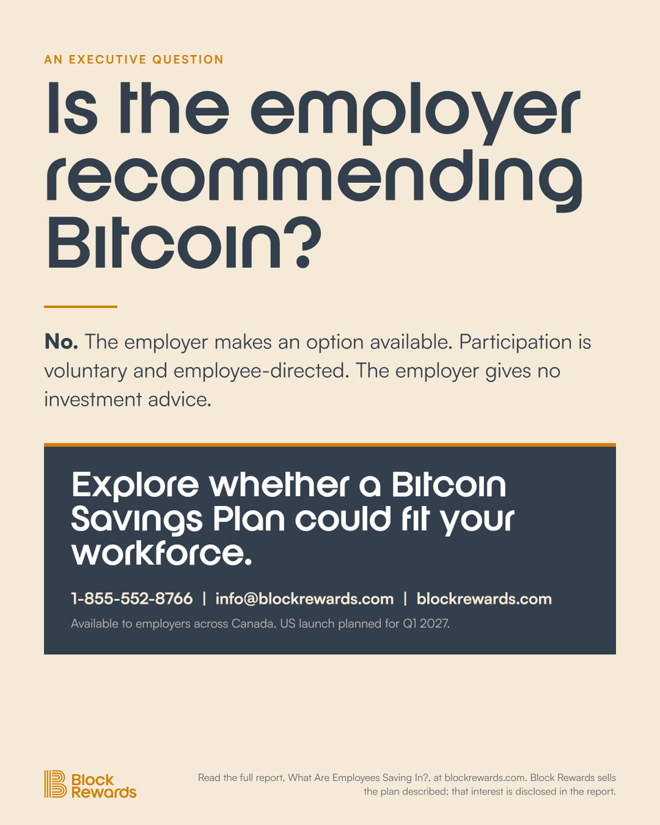 Block_Rewards's tweet photo. Is the employer recommending Bitcoin? No. The employer makes an option available. Participation is voluntary and employee-directed. The full report is at https://t.co/HgNaJRehCI. https://t.co/DSZoVhzW7V