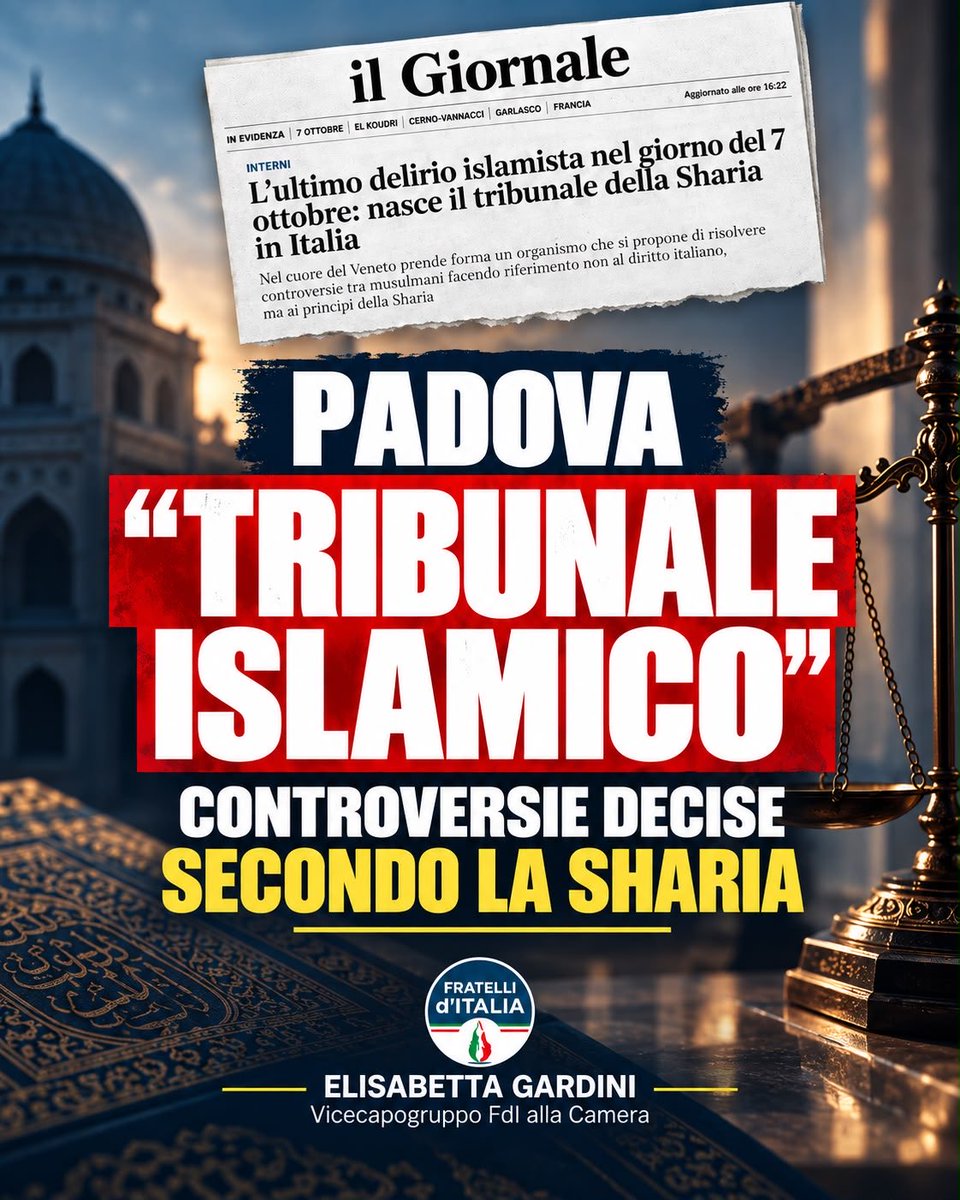 EGardini's tweet photo. È sconvolgente quello che apprendiamo oggi: 𝐚 𝐏𝐚𝐝𝐨𝐯𝐚 𝐞̀ 𝐬𝐭𝐚𝐭𝐨 𝐜𝐨𝐬𝐭𝐢𝐭𝐮𝐢𝐭𝐨 𝐮𝐧 “𝐓𝐫𝐢𝐛𝐮𝐧𝐚𝐥𝐞 𝐢𝐬𝐥𝐚𝐦𝐢𝐜𝐨” 𝐜𝐡𝐞 𝐬𝐢 𝐩𝐫𝐨𝐩𝐨𝐧𝐞 𝐝𝐢 𝐝𝐞𝐜𝐢𝐝𝐞𝐫𝐞 𝐜𝐨𝐧𝐭𝐫𝐨𝐯𝐞𝐫𝐬𝐢𝐞 𝐚𝐩𝐩𝐥𝐢𝐜𝐚𝐧𝐝𝐨 𝐢 𝐩𝐫𝐢𝐧𝐜𝐢𝐩𝐢 𝐝𝐞𝐥𝐥𝐚 𝐒𝐡𝐚𝐫𝐢𝐚.

𝐈𝐧 𝐈𝐭𝐚𝐥𝐢𝐚 𝐧𝐨𝐧 𝐩𝐨𝐬𝐬𝐨𝐧𝐨 𝐞𝐬𝐢𝐬𝐭𝐞𝐫𝐞 𝐠𝐢𝐮𝐬𝐭𝐢𝐳𝐢𝐞 𝐩𝐚𝐫𝐚𝐥𝐥𝐞𝐥𝐞. 𝐋𝐚 𝐠𝐢𝐮𝐬𝐭𝐢𝐳𝐢𝐚 𝐞̀ 𝐮𝐧𝐚!

𝐍𝐨𝐧 𝐩𝐨𝐬𝐬𝐢𝐚𝐦𝐨 𝐚𝐜𝐜𝐞𝐭𝐭𝐚𝐫𝐞 che, attraverso lo strumento dell’arbitrato, si creino spazi nei quali 𝐮𝐧𝐚 𝐥𝐞𝐠𝐠𝐞 𝐫𝐞𝐥𝐢𝐠𝐢𝐨𝐬𝐚 𝐩𝐫𝐞𝐭𝐞𝐧𝐝𝐚 𝐝𝐢 𝐬𝐨𝐬𝐭𝐢𝐭𝐮𝐢𝐫𝐬𝐢 𝐚𝐥𝐥𝐞 𝐥𝐞𝐠𝐠𝐢 𝐝𝐞𝐥𝐥𝐨 𝐒𝐭𝐚𝐭𝐨.

E parliamo della stessa Sharia in nome della quale, proprio in queste ore, in Arabia Saudita, un ragazzo di 24 anni è stato condannato a morte per blasfemia, per aver insultato Maometto sui social.

𝐍𝐞𝐬𝐬𝐮𝐧𝐚 𝐞𝐧𝐜𝐥𝐚𝐯𝐞 𝐠𝐢𝐮𝐫𝐢𝐝𝐢𝐜𝐚, 𝐧𝐞𝐬𝐬𝐮𝐧 𝐨𝐫𝐝𝐢𝐧𝐚𝐦𝐞𝐧𝐭𝐨 𝐩𝐚𝐫𝐚𝐥𝐥𝐞𝐥𝐨, 𝐧𝐞𝐬𝐬𝐮𝐧𝐚 𝐥𝐞𝐠𝐠𝐞 𝐫𝐞𝐥𝐢𝐠𝐢𝐨𝐬𝐚 𝐚𝐥 𝐩𝐨𝐬𝐭𝐨 𝐝𝐞𝐥𝐥𝐚 𝐥𝐞𝐠𝐠𝐞 𝐢𝐭𝐚𝐥𝐢𝐚𝐧𝐚.

È una 𝐝𝐞𝐫𝐢𝐯𝐚 𝐢𝐧𝐚𝐜𝐜𝐞𝐭𝐭𝐚𝐛𝐢𝐥𝐞 𝐜𝐡𝐞 𝐯𝐚 𝐟𝐞𝐫𝐦𝐚𝐭𝐚 𝐬𝐮𝐛𝐢𝐭𝐨.

#sharia #padova #fratelliditalia #elisabettagardini