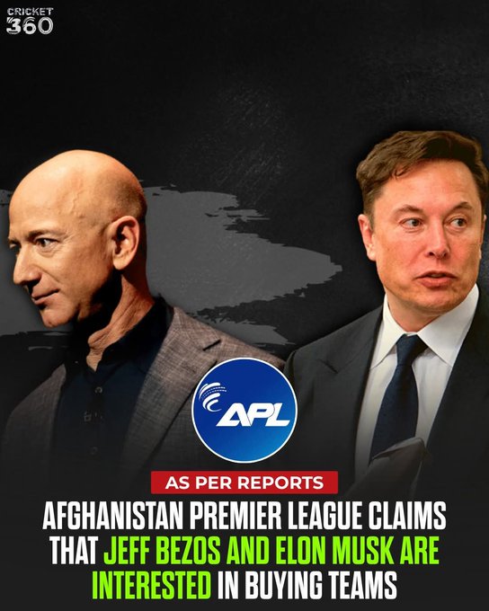 A Cricket 360 news graphic showing Jeff Bezos and Elon Musk on either side of an Afghanistan Premier League (APL) logo, with text claiming they are interested in buying teams.