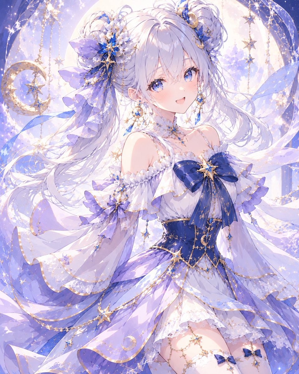 LUNARIA2026's tweet photo. ツインお団子と星月アクセで可愛くアレンジ。#AIart#AI画像生成 https://t.co/IrHKrIw8W9