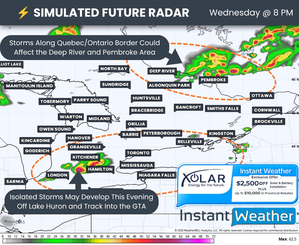 IWeatherON's tweet photo. #ONStorm #ONwx ⚠️ Potential Late-Season Severe Thunderstorm Risk for Parts of Southern Ontario This Evening

Heads up! We’re monitoring the potential for thunderstorms later today across Southwestern Ontario and the Golden Horseshoe, as well as along the Ontario/Quebec border.

The latest model data shows isolated storms developing over Lake Huron around the dinner hour, then tracking through the Kitchener area and into the Greater Toronto and Hamilton Area between 7 and 9 PM.

If these storms develop, the environment could allow them to become marginally severe, with damaging wind gusts and large hail as the main threats.

Later in the evening, this cluster may merge into a line of storms as it reaches Lake Ontario. The northern edge of that line could affect communities along the northern shoreline toward Belleville and possibly Kingston.

However, there is still uncertainty about whether these storms will develop and how strong they could become. With the sun now setting much earlier, daytime heating will be fading as the storms attempt to get going. 

With some inhibition in place and the lack of daylight heating, this could limit storm development. We’ll have to watch whether storms can overcome that barrier and become established.

Another area we’re watching is Algonquin Park and communities along the Ontario/Quebec border, including Deep River and Pembroke.

The strongest storm risk is expected to remain on the Quebec side of the border. However, models suggest storms could initially develop in Ontario before crossing into Quebec.

These storms could pose a marginal severe threat during the early evening before moving out of Ontario.

We’ll be monitoring conditions throughout the day and are prepared to go live this evening if severe storms develop.

It might be October, but we’ve always got you covered whenever severe weather may strike! Stay tuned.

- Brennen

———
Thank you to our sponsor, Xolar: Energy For The Future ☀️⚡️

Xolar Inc is a Canadian-owned solar installation company installing solar and battery backup for homeowners and businesses across Canada. 

Right now, Xolar Inc is making an exclusive offer only to members of our Instant Weather community to get an additional $2500 off any solar and battery backup installation, on top of the $10,000 in Provincial rebates available for solar + battery. 

If you would like to claim this special $2500 Instant Weather offer, as well as the $10,000 provincial rebate, request a solar + battery quote with Xolar Inc at the link below!

LEARN MORE: https://t.co/7298p4FIrq
———