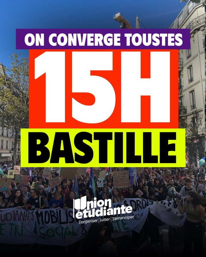 AlertesInfos's tweet photo. 🇫🇷 FLASH - Les lycéens d’Île-de-France sont appelés à "PRENDRE LA BASTILLE" demain à 15h. (L’Union Étudiante) https://t.co/8vqjzFQnL2