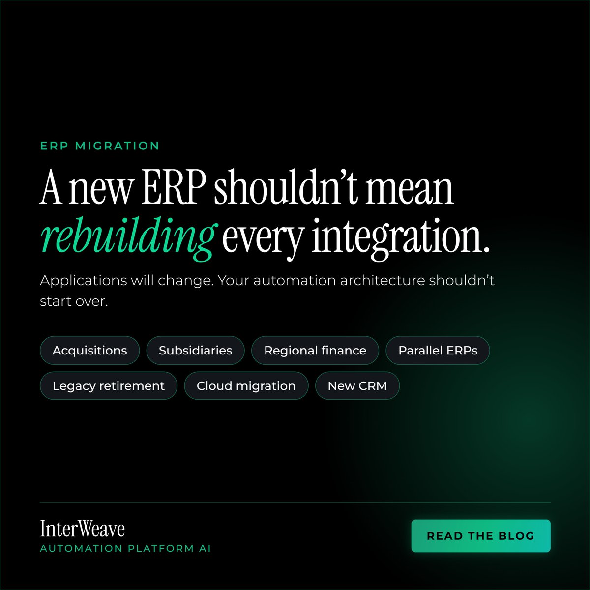 InterWeave1's tweet photo. A new ERP shouldn’t mean rebuilding every integration.
Applications will change. Your automation architecture shouldn’t start over.
🌐 Explore: https://t.co/QRIoWkfkGl https://t.co/qMu7XQnp0T