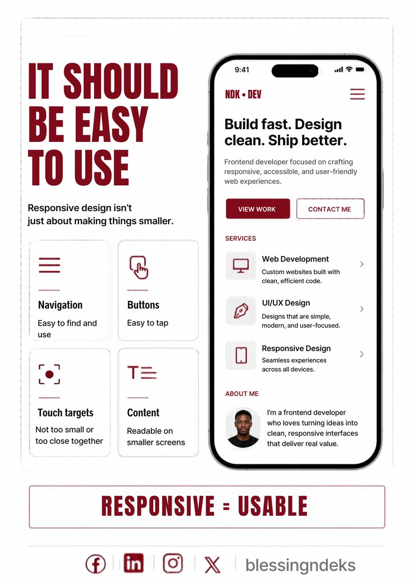 blessingndeks's tweet photo. A website looking good on desktop doesn’t mean it’s responsive.

Layouts, breakpoints, typography, images, navigation, and touch targets all matter.

What do you check first?

#FrontendDev #WebDevelopment https://t.co/kGyoqrpMbo