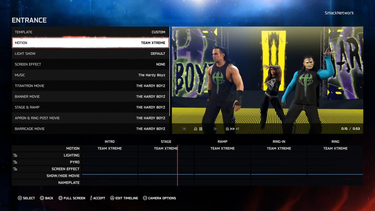 Smacktalks's tweet photo. The new Team Xtreme Trio motion for The Hardyz &amp; Lita is unlocked by default after installing the patch, however you need to assign it manually in Create an Entrance 👇

The Hardy Boyz '00 trons are also unlocked! 🙏

#WWE2K26 https://t.co/VtumOz39cK