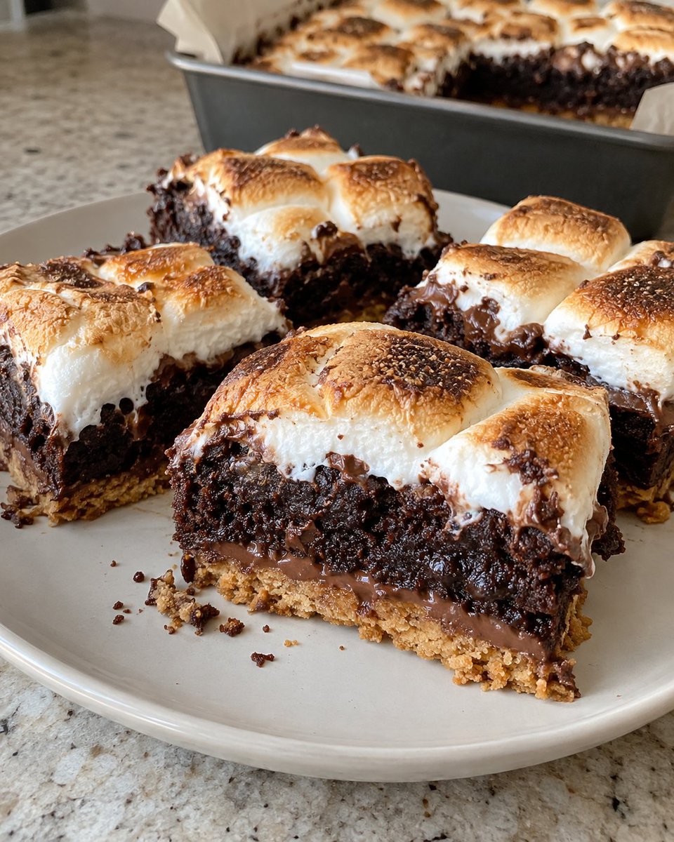 Cheflorarecipes's tweet photo. S’mores Brownies

Ingredients:

• 6 sheets graham crackers
• 6 Hershey’s chocolate bars (1.55 oz each)
• 1 box brownie mix + ingredients listed on the box
• 1 bag large marshmallows (12 oz)

Instructions:

Preheat oven to 350°F (175°C). Grease and line a 9×9-inch pan with parchment.
Arrange graham crackers in a single layer on the bottom, breaking to fit. Cover with chocolate bars.
Prepare brownie batter according to the box directions and spread over the chocolate.
Bake for 35–40 minutes, until a toothpick inserted into the brownie layer comes out with moist crumbs.
Top with marshmallows. Broil for 1–2 minutes until golden, watching closely.
Cool completely before slicing.