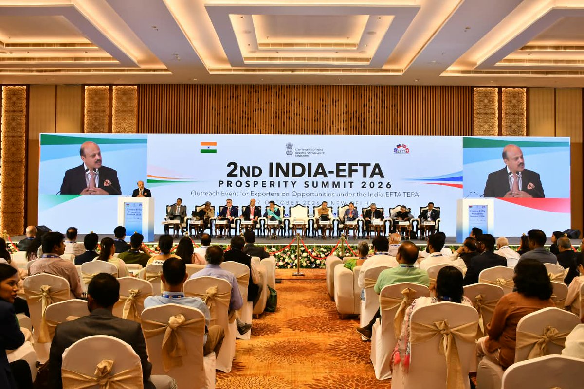 RajeshAgrawal94's tweet photo. At the India–EFTA Prosperity Summit 2026, discussions focused on taking forward the India–EFTA economic partnership through investment, sectoral cooperation and stronger business-to-business linkages.

The first year of TEPA has provided a basis for deeper engagement. The emphasis on investment announcements, exporter outreach and focused government-to-business engagement is important for translating the opportunities under the Agreement into greater commercial engagement between India and the EFTA countries.

Looking ahead, the focus will remain on deepening these linkages and enabling businesses on both sides to fully leverage the opportunities under TEPA.

#1YearOfIndiaEFTA #IndiaEFTA #IndiaEFTAProsperitySummit #TEPA @PiyushGoyal @JitinPrasada @PIB_India @DoC_GoI